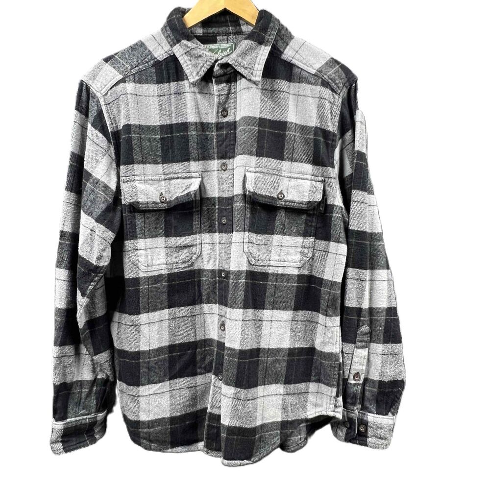 Woolrich Flannel Shacket Men Medium Black Plaid Button Front Outdoor VTG Hunting